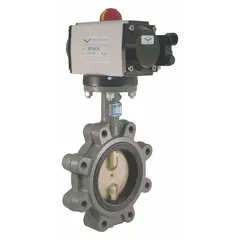 Cast iron lug-style butterfly valve with air-to-air pneumatic actuator for on/off or throttling control of water in general-service industrial piping systems. Suitable for HVAC, process water, and plant utility applications. Pilot solenoid not included.
