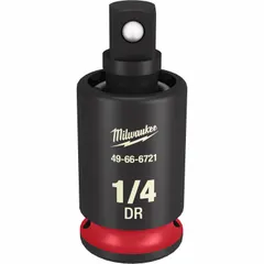 Square drive flex adapter for impact tools, 1/4 in output drive size, 1 29/64 in overall length. Allows access to fasteners at various angles in confined spaces. Suitable for automotive, construction, and maintenance tasks.