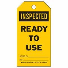 Black/yellow, rectangle, matte safety tag made of heavy duty polyester. Measures 3 in wide by 5 3/4 in high. Supplied in a 10-pack. Used in industrial lockout/tagout programs to indicate equipment has been inspected and is safe to operate.