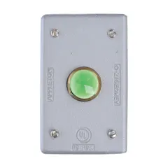Aluminum weatherproof cover for FS-series boxes, compatible with flush receptacles and pilot lamps. Single-gang design in green finish. Supports horizontal or vertical mounting orientations.