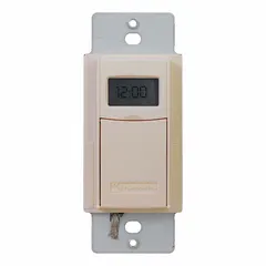 Digital programmable timer with a 1-minute minimum and 7-day maximum timing range. Operates as a single-pole, single-throw, normally open (SPST-NO) switch rated for 277V AC. No wall plate included. Suitable for automatic control of lighting, fans, or other electrical loads in commercial or industrial applications requiring scheduled shut-off.