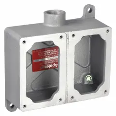 This 2-gang hazardous location electrical box is made of copper-free aluminum for corrosion resistance. It features a 1-inch dead end hub and a rectangular shape. Suitable for housing electrical connections in classified areas where flammable gases or vapors may be present.