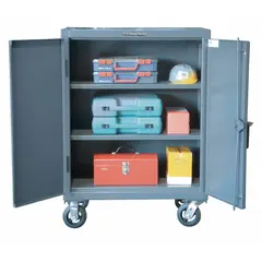 STRONG HOLD Storage Cabinet: Casters, 36 in x 20 in x 44 in, Swing, Padlock Hasp, 2 Shelves, Adj (MPN 33-202CA). Key specifications — Frame Assembled: Assembled; Cabinet Finish: Baked Enamel; Cabinet Material: Steel; Base Type: Casters; Cabinet Color: Dark Gray; Shelf Adjustability: Adjustable; Cabinet Storage Components: Shelves; Brand: STRONG HOLD.
