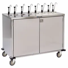 This stainless steel condiment cart features four compartments and includes eight flat top pumps for dispensing condiments. The cart has an overall width of 27 1/2 inches and a silver finish. It is designed for use in foodservice settings such as cafeterias and commercial kitchens for serving ketchup, mustard, and dressings.