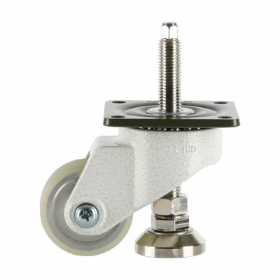 FOOT MASTER Plate Caster: Polyurethane Tread, 63 mm Wheel Dia, 98 mm Mounting Ht - High-Adjustability Extended-Stem Leveling Plate Casters