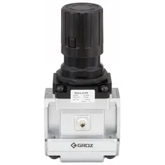Aluminum-bodied compressed air regulator with 1 in NPT connection. Provides flow capacity of 210 cfm and adjustable pressure range from 7 psi to 145 psi via knob control. Used in pneumatic systems to regulate and stabilize downstream air pressure.