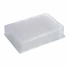 96-well deep well plate made of polypropylene copolymer with natural color. Each square well has a 0.5 mL capacity. Overall dimensions: 86 mm diameter and 86 mm height. Not RNase/DNase free. Suitable for high-throughput sample storage and processing in laboratory settings.