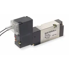 Four-way, two-position solenoid valve with base-mounted body, single solenoid, spring return, and internal pilot. Operates on 120V AC, normally open, non-locking, includes solenoid coil. Used to direct compressed air in industrial automation, packaging, and material handling systems for single-acting cylinder or actuator control requiring fail-safe exhaust.