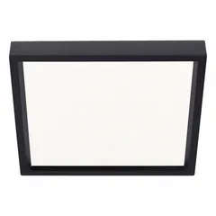 Low-profile square surface-mount LED downlight with a 4-inch nominal size and matte black housing. Delivers 650 lumens at 2700K color temperature, consuming 10 watts. Operates on 120 to 277V AC. Suitable for vanity lighting in residential or commercial settings.