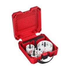 Bi-metal hole saw kit with 6 teeth per inch for cutting wood, metal, and plastic. Maximum cutting depth of 1-11/16 inches. Suitable for general construction, electrical, and plumbing applications.