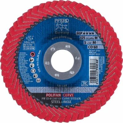 PFERD Flap Disc: Radial, 5" x 7/8", Ceramic, 60 Grit, Fiberglass Bk, Std Density - Cool-Cutting Flap Discs for Carbon & Stainless Steel