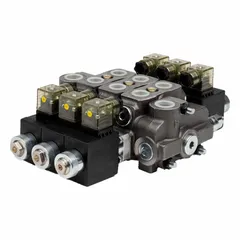 This stack valve working section is a four-way, three-position directional control valve with a maximum flow rate of 13 gpm. It features electrical actuation, spring center to neutral spool action, and inlet port connections. Work connections are #8 SAE O-Ring Boss; pressure connection size is #10. Typical applications include controlling hydraulic fluid direction in mobile and industrial equipment such as loaders, lifts, and agricultural machinery.