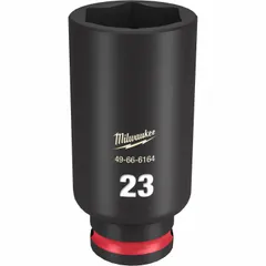 This 3/8" drive impact socket features a 23 mm metric, 6-point, deep design with friction retention for secure attachment to impact wrenches. The black phosphate finish provides corrosion resistance. Suitable for fastening and loosening nuts and bolts in automotive, construction, and industrial maintenance applications.