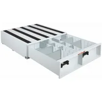 This steel bed-mount storage drawer unit is designed for organizing tools and parts in service trucks or vans. It features four drawers and measures 48 inches wide, 48 inches deep, and 9 inches high with a white finish. Suitable for industrial maintenance, construction, and field service applications