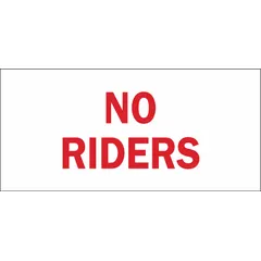 This non-retroreflective sign is made of polyester with an adhesive backing for permanent mounting on clean, dry surfaces. It measures 3 1/2 by 5 inches and is used to post safety warnings restricting riders on equipment in indoor industrial environments.