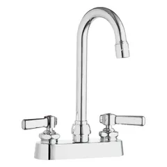 This centerset kitchen faucet is constructed from cast brass with a polished chrome finish. It is designed for deck mounting and features a gooseneck spout suitable for filling large containers or cleaning tasks. The faucet is part of the Series 895 and is identified by manufacturer part number 895-ABCP.
