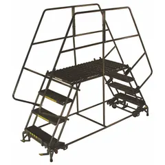 This rolling dual-access work platform features a fixed-height steel platform measuring 24 x 72 inches with a 5 ft platform height. It includes handrails and a foot-activated step lock for secure positioning. Suitable for elevated maintenance, assembly, and warehousing tasks in industrial and commercial facilities.
