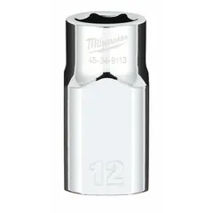 This 12 mm, 6-point standard socket features a 1/2 in drive and a chrome finish. The anti-roll design prevents the socket from rolling on sloped surfaces, making it suitable for fastening and loosening metric hex fasteners in maintenance and assembly tasks.