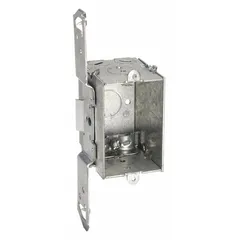 Steel handy box for mounting switches, receptacles, or wiring devices. Single-gang, 2 in width by 2-1/2 in depth. Features stud side bracket with spurs for secure attachment to studs and KO clamp style for cable entry.