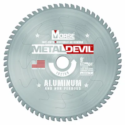 MORSE Circular Saw Blade: 9 in Blade Dia., 64 Teeth, 0.08 in Cut Wd, 1 in Arbor Size - Aluminum & Soft Metal-Cutting Blades