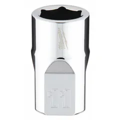 This 11 mm, 6-point hand socket features a 3/8 in drive and a chrome finish. The anti-roll hex geometry prevents the socket from rolling on sloped surfaces, making it suitable for tightening or loosening metric fasteners in automotive and maintenance tasks.