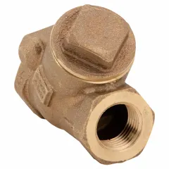 Bronze Y-style swing check valve with 1/2 in FNPT x FNPT NPT connections. Designed to prevent backflow in piping systems, allowing flow in one direction and closing automatically upon reverse flow. Suitable for water, oil, and gas applications.
