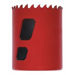 Multi-material-cutting hole saw with 1-7/8 in diameter, 5/6 teeth per inch, and 5/8"-18 thread size. Maximum cutting depth of 1-7/8 in. Suitable for cutting holes in wood, metal, and plastic in construction, plumbing, and electrical applications.