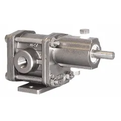 Pedestal-mount rotary gear pump with a stainless steel body for corrosion resistance. Features 1/4" FNPT ports and a flow rate of 0.5 gpm. Suitable for transferring low-viscosity non-abrasive fluids in lubrication, fuel transfer, and chemical processing systems. Does not include a relief valve.