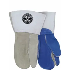 These stick welding mitts feature a premium gray cowhide leather palm and backing with a wing thumb and gauntlet cuff. The one-size, 1-finger design provides hand protection for stick welding tasks in industrial fabrication, maintenance, and repair settings.