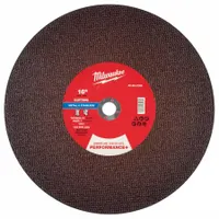 Type 1 cut-off wheel for carbon and stainless steel. Aluminum oxide abrasive, 30 grit. 16" diameter, 1/8" thickness, 1" arbor. Suitable for fabrication, maintenance, and metalworking tasks