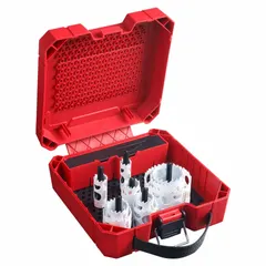 This 15-piece hole saw kit features carbide-tipped teeth with 3 teeth per inch for cutting through wood, metal, and plastic. Maximum cutting depth is 1-5/8 inches. Suitable for general construction and maintenance tasks requiring clean holes in multi-material surfaces.