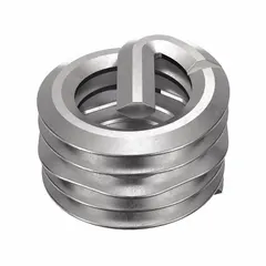 Helical insert for repairing or reinforcing threads in metal. Made of 18-8 stainless steel with dry film lubricant, right-hand fine thread, tensile strength 200,000-250,000 psi. Suitable for applications requiring strong, wear-resistant threads in softer materials.