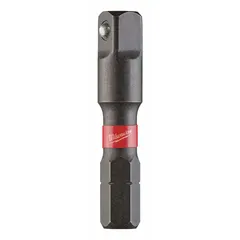 This impact socket adapter converts a 1/4" hex drive tool into a 1/4" square drive socket driver. It features a black oxide finish and is designed for use with impact drivers or drill drivers in fastening and loosening sockets.