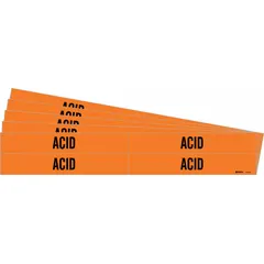 Orange adhesive pipe marker with black legend reading 'Acid', designed for pipes with outer diameters from 3/4 to 2-3/8 inches. Each pack contains 4 markers without arrows, sold in a 5-pack. Used to identify pipes carrying acid in industrial facilities for safety and compliance.