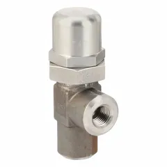 Soft-seat pressure control valve with stainless steel body and 1/4 in NPT connections. Maximum set pressure 90 psi, flow capacity 4 gpm. Used to regulate downstream pressure in hydraulic and pneumatic systems, process control, and automation circuits.