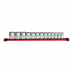 This 13-piece SAE impact socket set features a 1/2 in drive size and includes sockets ranging from 3/8 in to 1-1/8 in. The friction retention design secures sockets on the anvil during use. Suitable for tightening and loosening SAE fasteners in automotive repair, heavy equipment maintenance, and industrial assembly.
