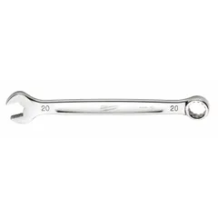 This MILWAUKEE combination wrench features a 20 mm 12-point box end and open end, with a chrome finish. Overall length is 10 1/4 inches. Suitable for tightening and loosening metric fasteners in maintenance and repair tasks.