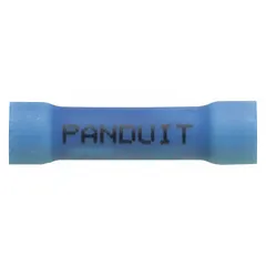 Blue vinyl insulated butt splice connector for permanently joining two wires end-to-end. Accommodates 16 AWG to 14 AWG solid or stranded copper wire. Rated 600 V maximum. Suitable for use in control panels, junction boxes, and industrial equipment. Supplied in packs of 50.