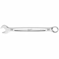This 26 mm metric combination wrench features a 12-point box end for improved grip on hex fasteners. The chrome finish resists corrosion, and the overall length of 13-3/8 in provides leverage for tightening and loosening bolts in mechanical assembly and maintenance tasks.