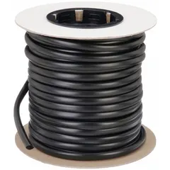 Black food-grade heat shrink tubing with 0.19 in inner diameter before shrinking and 0.09 in after shrinking. Used for insulating and protecting electrical connections in environments requiring hygiene and food contact safety.