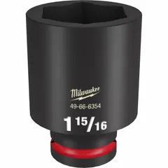 This MILWAUKEE impact socket features a 3/4" drive and a 1-15/16" SAE deep 6-point configuration. Designed for use with impact tools, it is suited for fastening and loosening heavy-duty bolts and nuts in automotive, construction, and industrial applications requiring high torque.