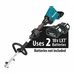 This MAKITA power head is a tool-only unit that operates on the 36 V LXT® battery platform. It offers three speed settings and is designed for use with compatible attachments for tasks such as trimming, edging, and brush cutting. Batteries and charger are sold separately.