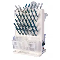 Polypropylene benchtop drying rack with four included baskets and 5-inch pegs. Overall dimensions: 16-3/4 in length, 10 in width, 22-3/4 in height. Designed for air-drying laboratory glassware, plasticware, and other washed equipment