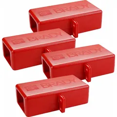 This battery cable lockout device is used to isolate battery cables during maintenance, preventing accidental reconnection. It accommodates a maximum plug diameter of 1 1/2 in and a maximum cord diameter of 4 5/32 in. Supplied in a pack (PK).