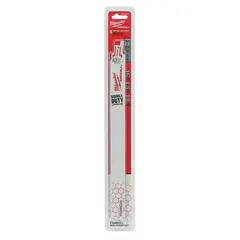 This pack of 5 reciprocating saw blades is designed for cutting thick metal with straight cuts. Each blade measures 12 inches in length and 0.02 inches in thickness, featuring 10 teeth per inch for efficient cutting. Suitable for demolition, construction, and metal fabrication tasks such as cutting steel pipes, rebar, and heavy-gauge sheet metal.