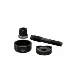 Round knockout punch set for creating clean holes in 10 ga steel sheet metal. Nominal size 3 17/32 in. Includes 2 in wrench. Brass construction. Used for electrical enclosures, panel boxes, and industrial equipment.