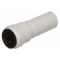 This WATTS push-to-connect tube fitting is made of polysulfone and features a 3/4 in OD x 1/2 in OD configuration with push-to-connect x push-to-connect ends. It allows tool-free installation in fluid systems, commonly used for water or air lines in industrial settings such as pneumatics and instrumentation