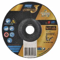 This NORTON Quantum 3 SG depressed center wheel is a cool-cutting combination wheel for carbon and stainless steel. With 24-grit ceramic abrasive, it is designed for grinding and blending on welds, edges, and surfaces. The Type 27 wheel measures 6" diameter by 1/8" thickness with a 7/8" arbor hole