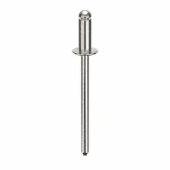 Large flange blind rivet with 0.122" diameter, 1.409" overall length, 5/16" body length, and 1 13/32" overall length. Flanged head distributes load over wider area. Supplied in 500-pack. Used for fastening materials where access is limited to one side, common in sheet metal assembly.