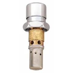 Brass metering faucet cartridge with chrome finish, compression-type operation. For use with hot and cold water. Supplied as a single cartridge for replacement in compatible metering faucets.